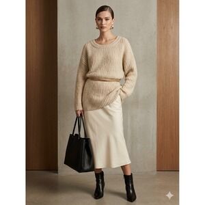 Anthropologie Womens Oatmeal Beige Ribbed Wool Blend Knit Pullover Sweater L